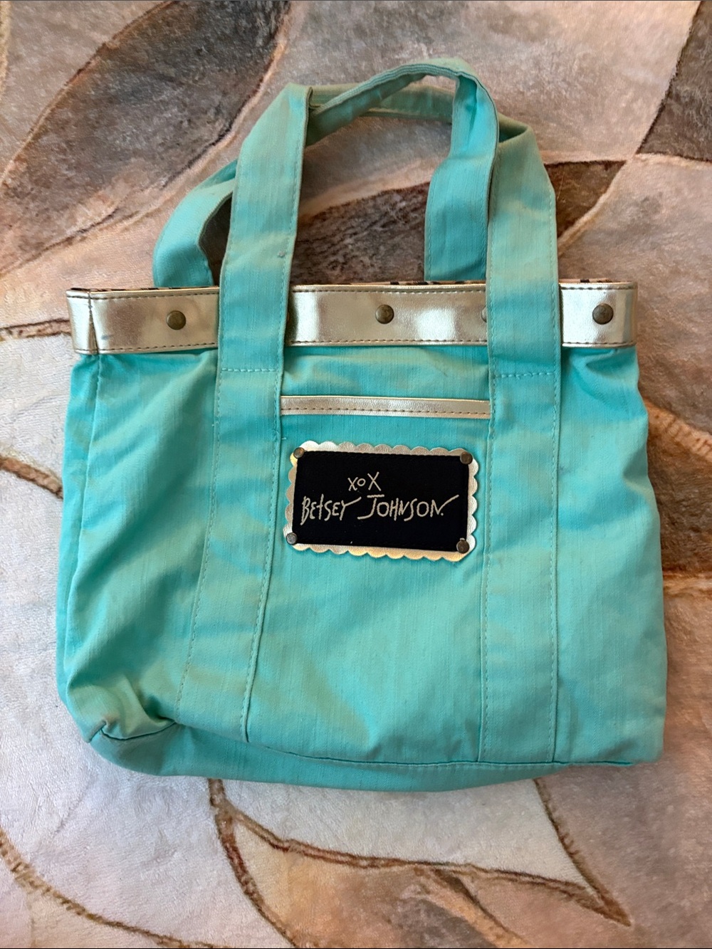 Y2K Alert‼️Betsey Johnson Aqua Tote with Metallic Gold Trim